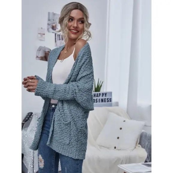 Blue Chunky Knit Open Cardigan With Pockets - Picture 2 of 3